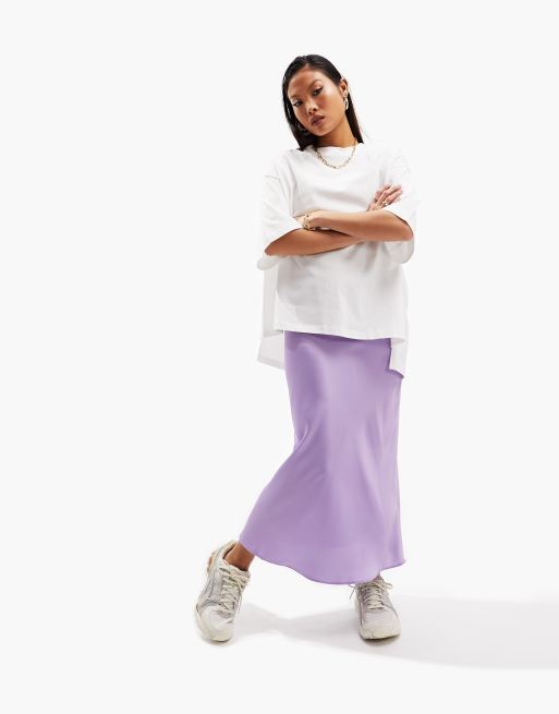 ASOS DESIGN Petite satin bias midi skirt in lavender , 5 of 5