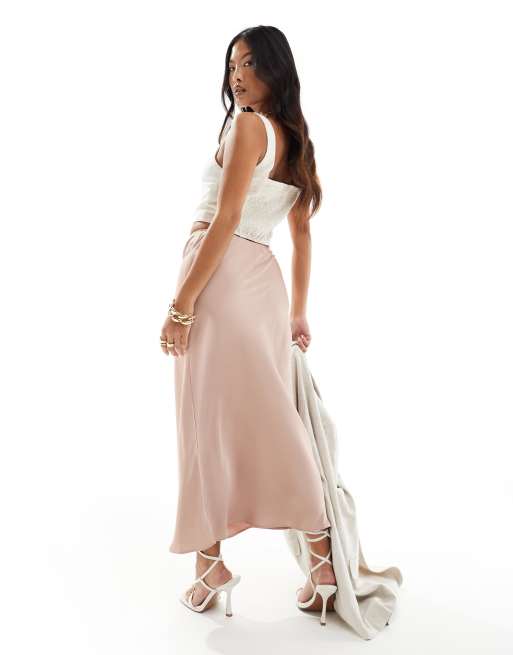 ASOS DESIGN Petite satin bias midi skirt in mink ASOS