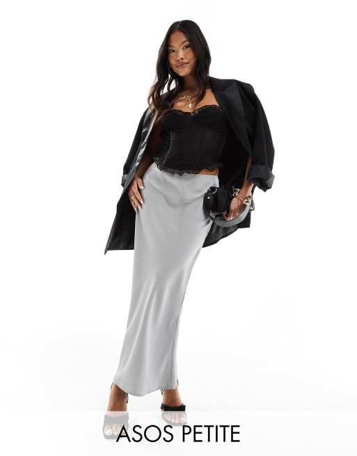 FhyzicsShops DESIGN Petite satin bias midi skirt in silver