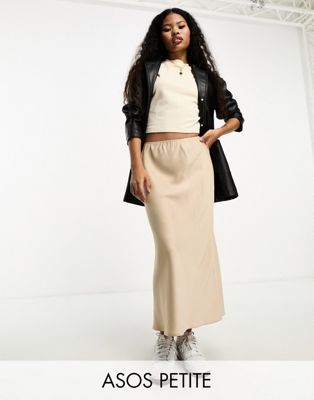 Asos Petite Asos Design Petite Satin Bias Midi Skirt In Stone-neutral