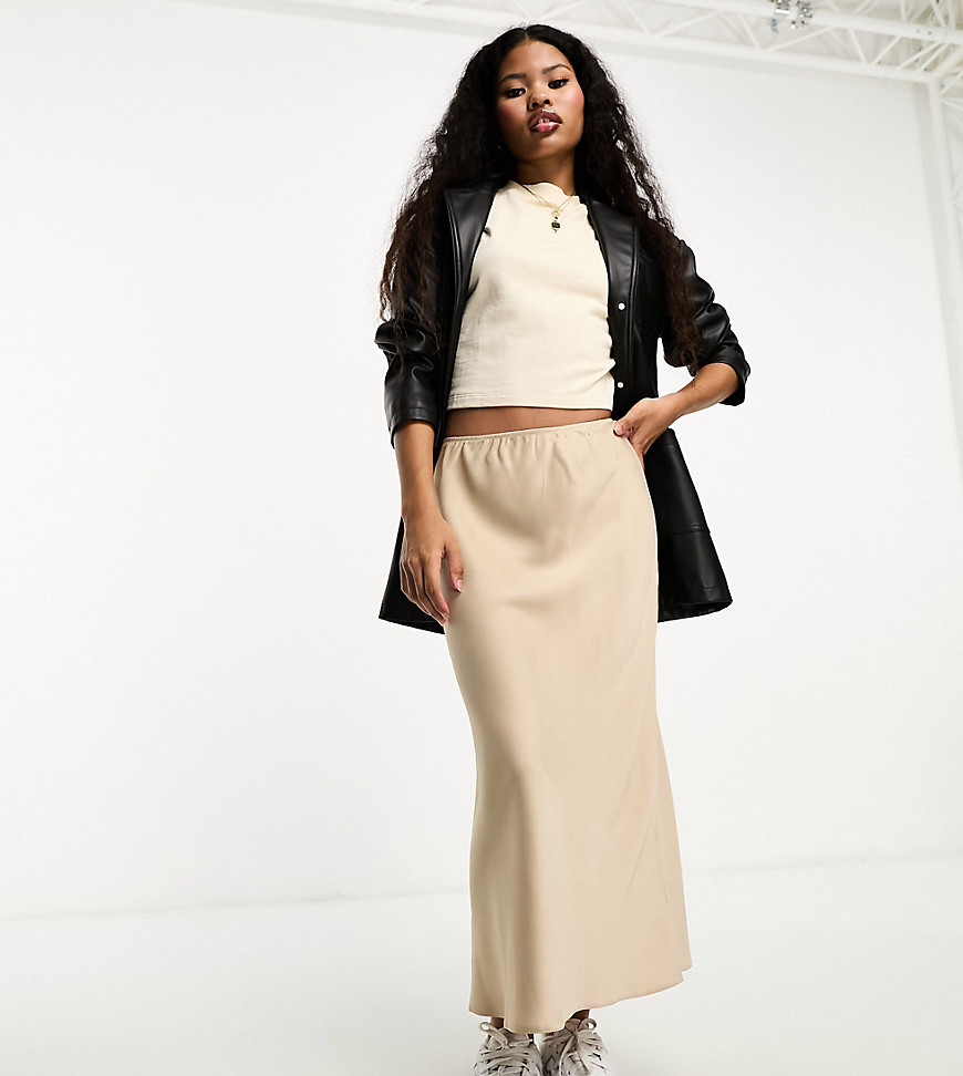 Asos Petite Asos Design Petite Satin Bias Midi Skirt In Stone-neutral