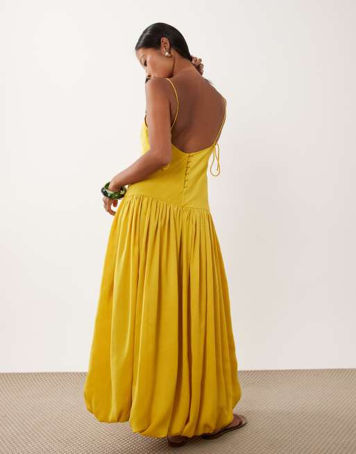 ASOS DESIGN Petite satin bias shift midi dress with bubble hem in yellow, 2 of 4