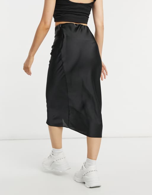 Black satin shop midi skirt petite