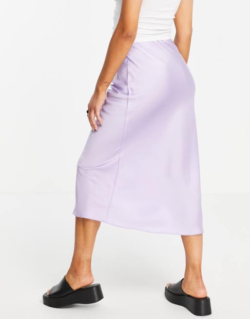 ASOS DESIGN Petite satin bias slip midi skirt in lilac