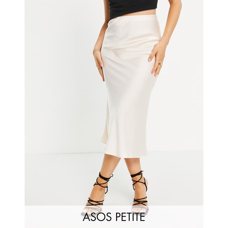 ASOS DESIGN Petite satin bias slip midi skirt in off white ASOS