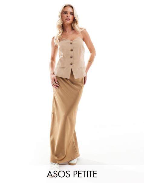 ASOS DESIGN Petite satin bias tie waist maxi skirt in taupe - view 1