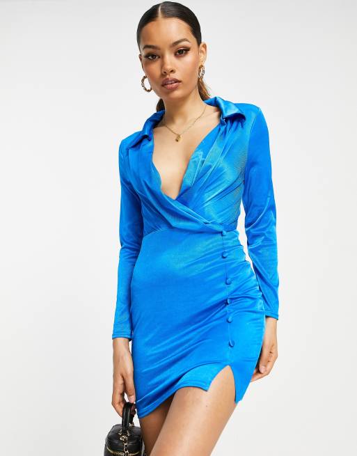 ASOS DESIGN Petite satin button shirt mini dress in blue