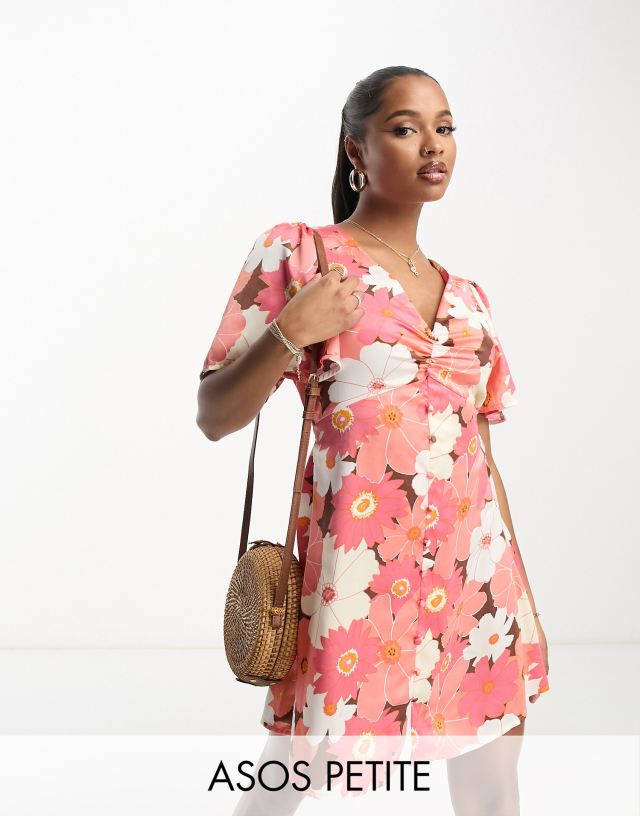 ASOS DESIGN Petite satin button through mini tea dress with flutter sleeve in retro floral print