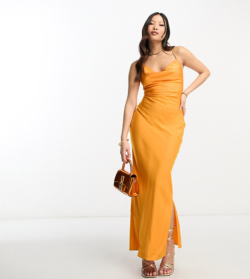 Asos Petite Asos Design Petite Satin Cami Maxi Slip Dress With Lace Up Back In Orange