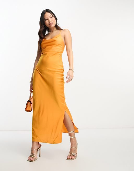 In Love Forever Mustard Yellow Satin Lace-Up High-Low Maxi Dress