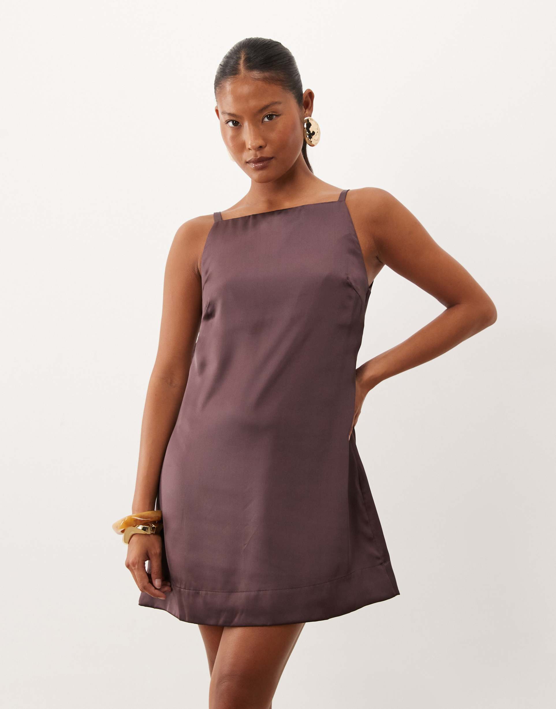 asos design petite satin cami shift mini dress in chocolate