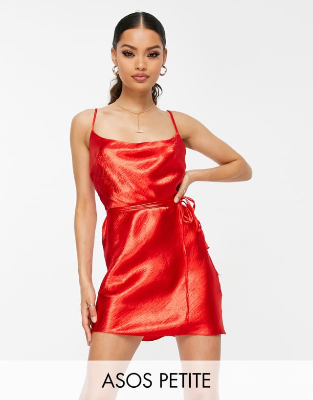 ASOS DESIGN Petite satin cami tie waist mini dress in red