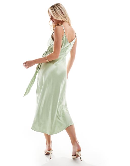 ASOS DESIGN Petite satin cami wrap midaxi dress in sage, 2 of 4