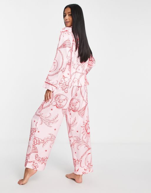 ASOS DESIGN Petite satin celestial baroque shirt & pants pyjama set in pink & red, 2 of 4