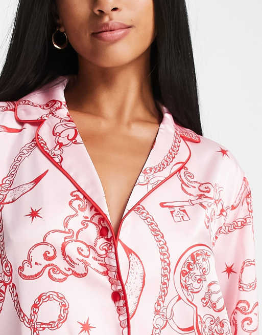 ASOS DESIGN Petite satin celestial baroque shirt & pants pyjama set in pink & red, 3 of 4