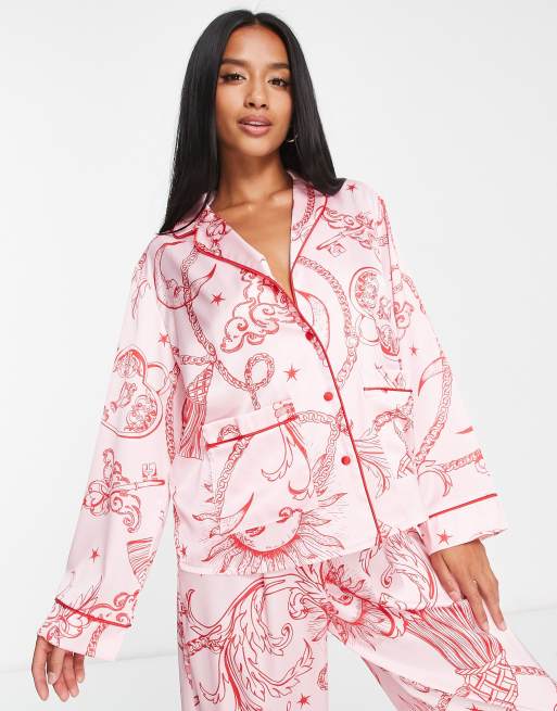 ASOS DESIGN Petite satin celestial baroque shirt & pants pyjama set in pink & red, 4 of 4