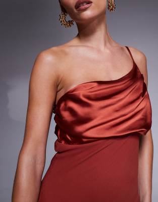 ASOS PETITE ASOS DESIGN PETITE SATIN CHIFFON MIX DRAPED ONE SHOULDER MAXI DRESS 