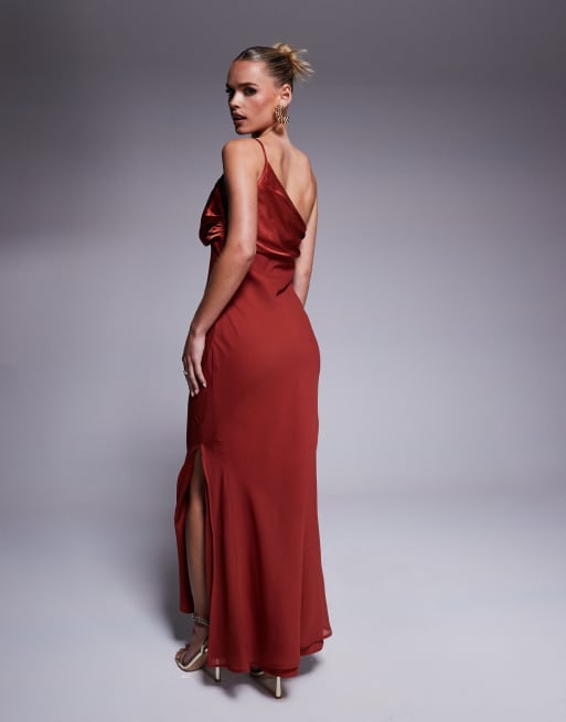ASOS DESIGN Petite satin chiffon mix draped one shoulder maxi dress in burnt red, 3 of 4