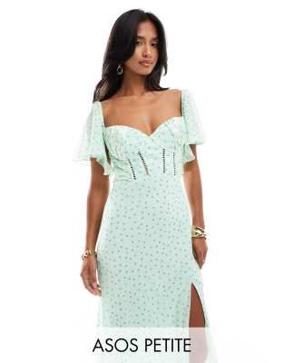 ASOS DESIGN Petite satin corset detail chiffon bias maxi dress with flutter sleeve in micro spot-Multi
