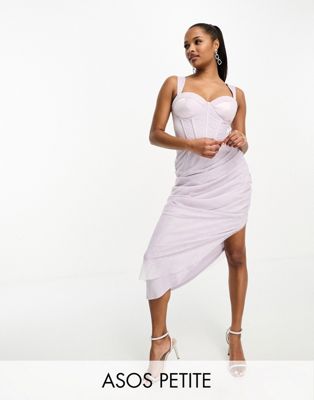 ASOS DESIGN Petite satin corset mesh ruched maxi dress in lilac-Multi