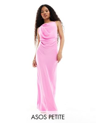 ASOS DESIGN Petite satin cowl back maxi dress with buckle strap detail in pink
