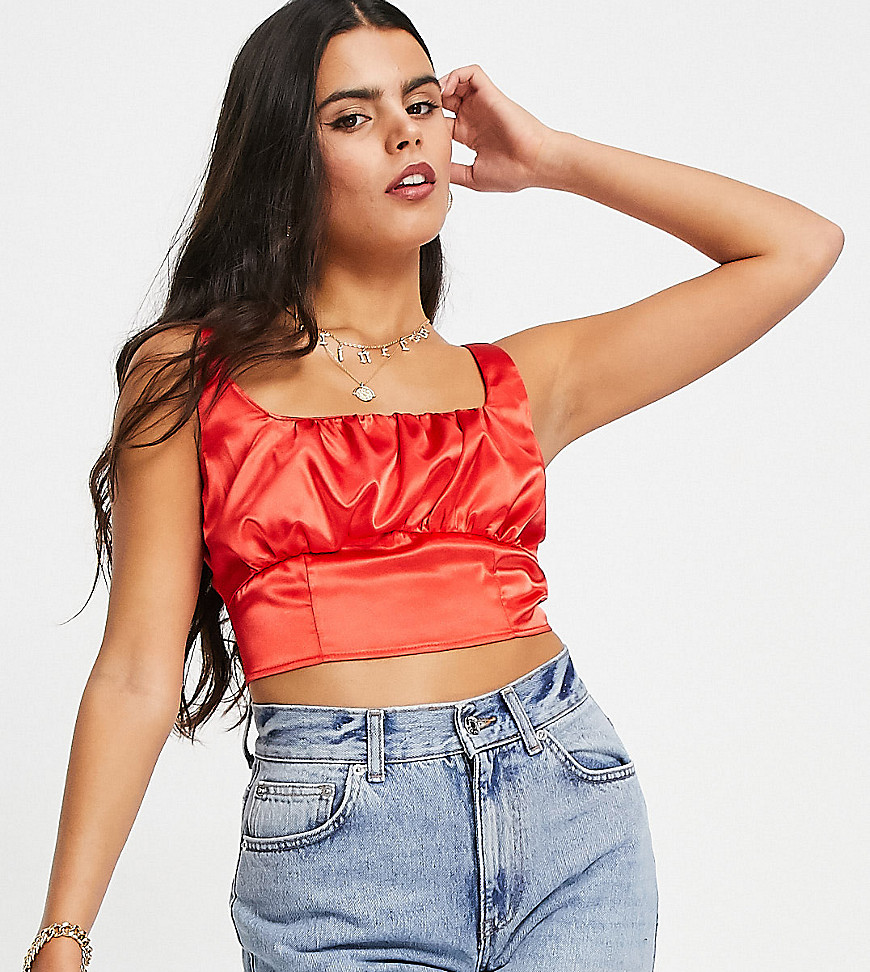 ASOS DESIGN Petite satin crop top with ruched bust detail in red-No Color