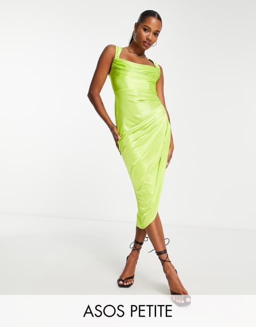 ASOS DESIGN Petite satin drape corset midi dress in lime