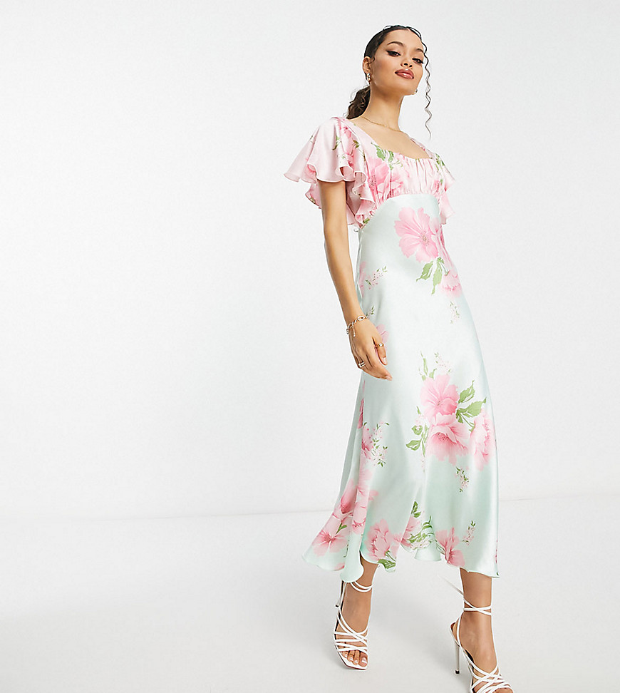 ASOS DESIGN Petite satin flutter sleeve midi dress with ruched bust detail in contrast large floral print in mint and pink-Multi