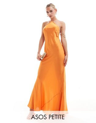 ASOS DESIGN Petite satin halter maxi dress with shaped back detail in orange