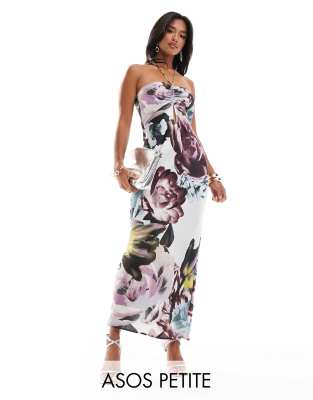 ASOS DESIGN Petite satin halter neck maxi dress with gathered bust and keyhole slit in overscale floral-Multi