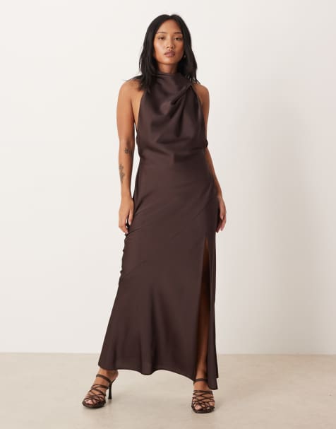 ASOS DESIGN Petite satin halterneck maxi dress with cowl back detail in chocolate - view 1