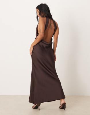 Asos Petite Asos Design Petite Satin Halterneck Maxi Dress With Cowl Back Detail In Brown
