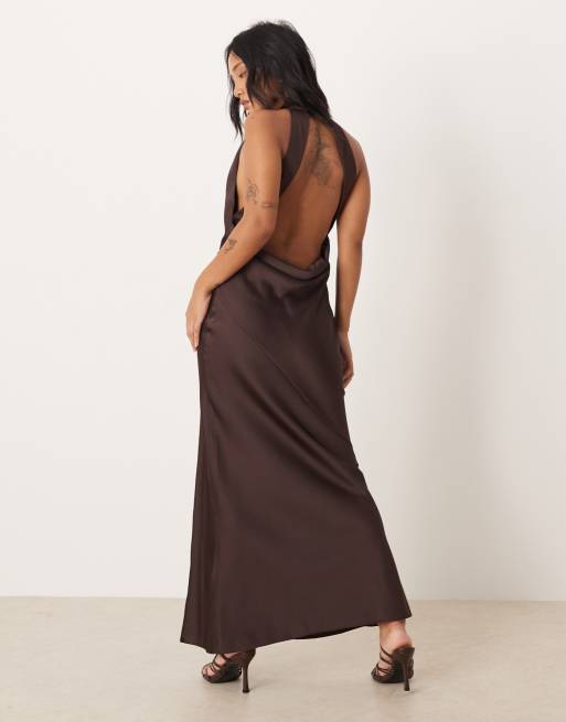 ASOS DESIGN Petite satin halterneck maxi dress with cowl back detail in chocolate