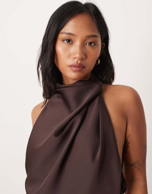 ASOS DESIGN Petite satin halterneck maxi dress with cowl back detail in chocolate