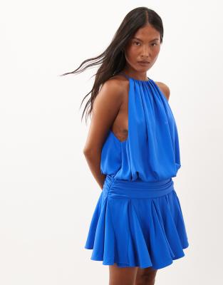 Asos Petite Asos Design Petite Satin High Neck Drop Waist Flippy Mini Dress In Blue
