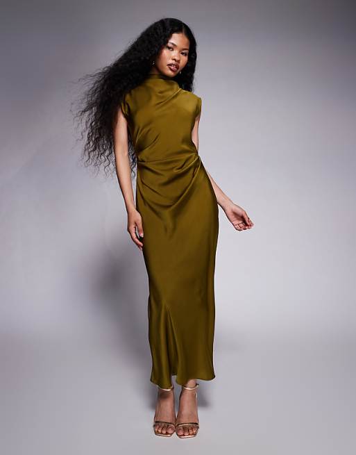 green satin midi dress Cowl Neck Slit asymmetrical bodice ASOS DESIGN Petite satin high
