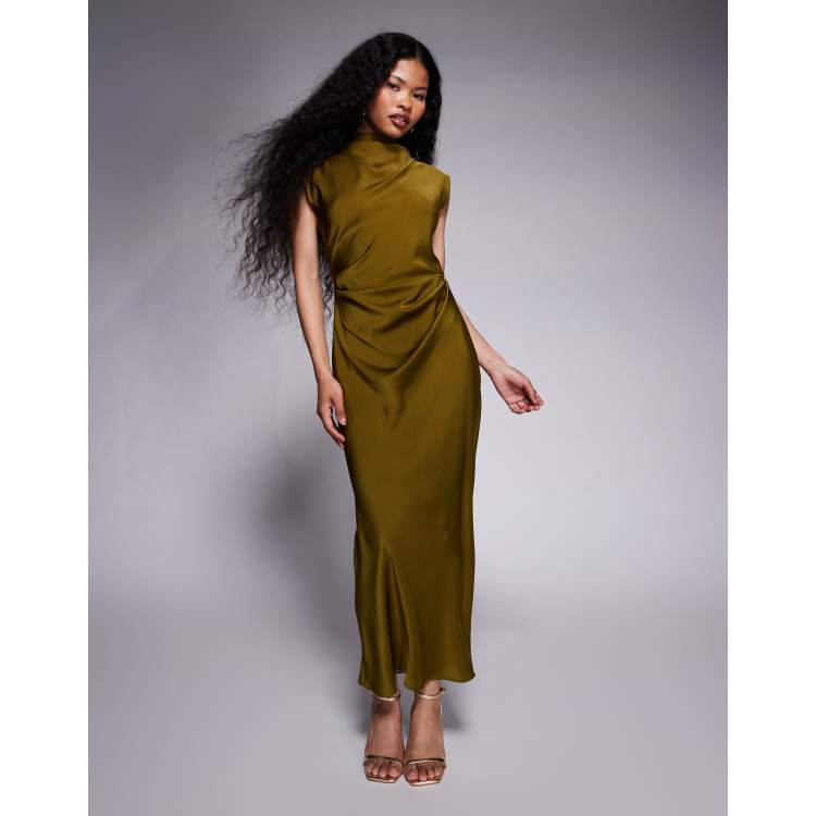 asos green satin midi dress ASOS - Satin High Neck Pleated Midi Dress - Women - Polyester - 0 US