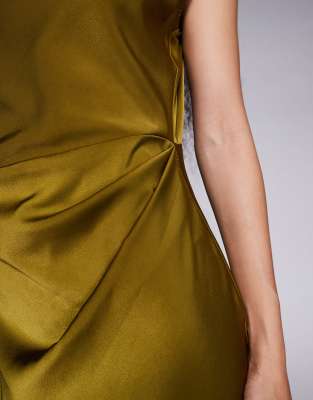 Asos Petite Asos Design Petite Satin High Neck Pleated Bodice Midi Dress In Green