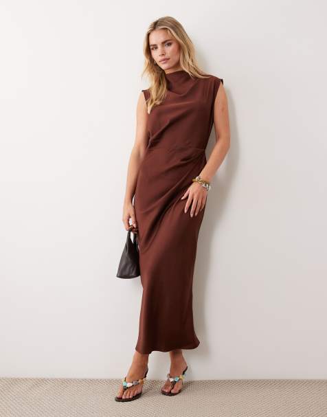 ASOS DESIGN Petite satin high neck pleated bodice midi dress in mulberry - view 1