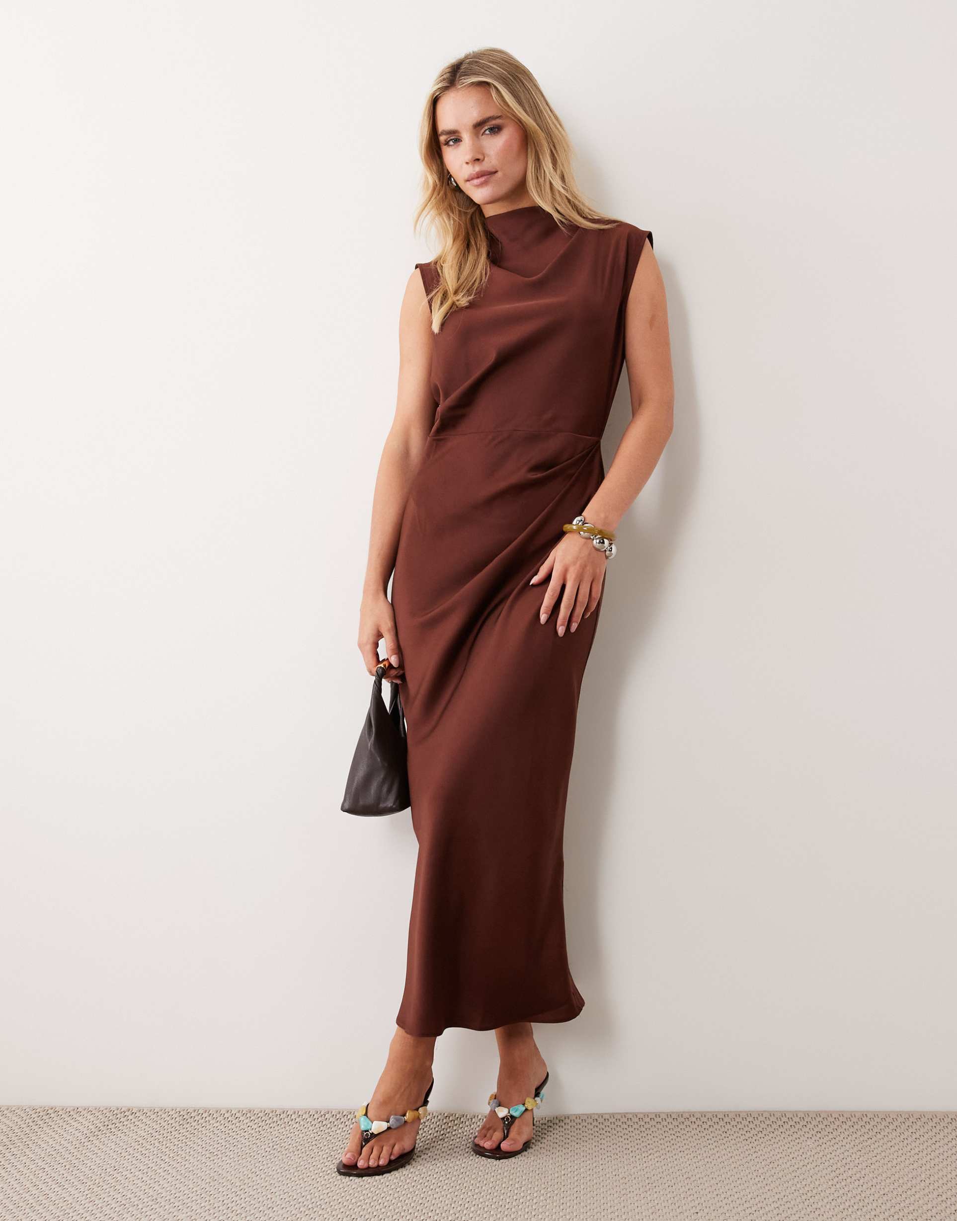 asos design petite satin high neck pleated bodice midi dress in mulberry