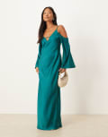 [ASOS Petite] ASOS DESIGN Petite satin long sleeve fallen shoulder cami maxi dress in teal blue 2 Teal