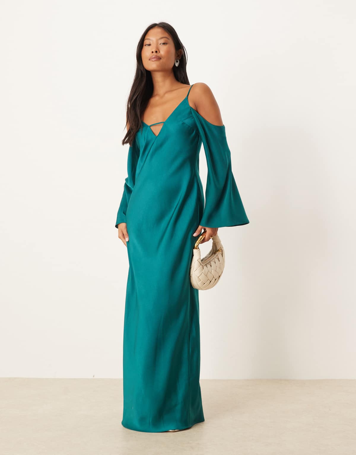 ASOS DESIGN Petite satin long sleeve fallen shoulder cami maxi dress in teal blue