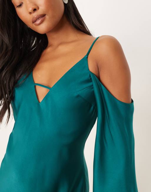 ASOS DESIGN Petite satin long sleeve fallen shoulders cami maxi dress in teal blue