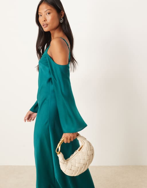 ASOS DESIGN Petite satin long sleeve fallen shoulders cami maxi dress in teal blue