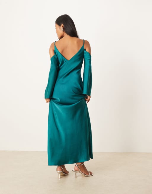 ASOS DESIGN Petite satin long sleeve fallen shoulders cami maxi dress in teal blue