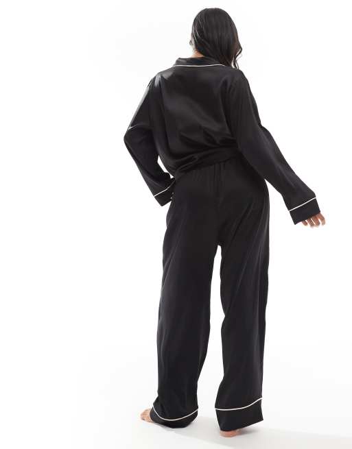 ASOS DESIGN Petite satin long sleeve shirt & pant pajama set in black, 4 of 4