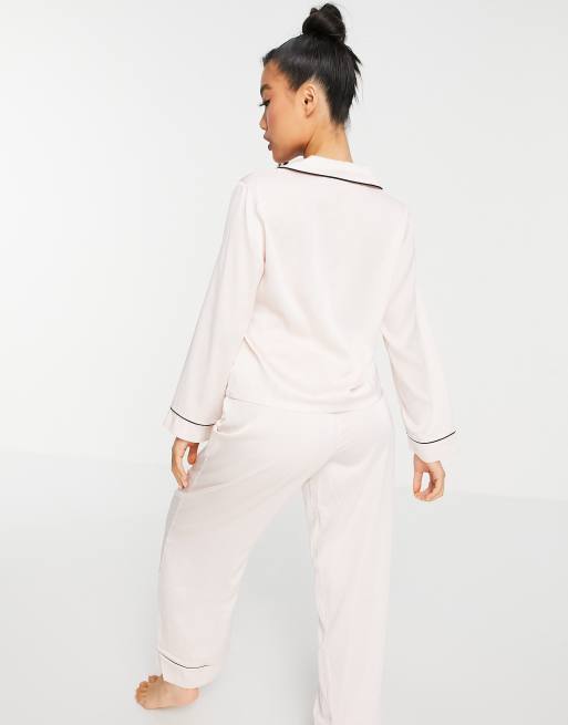 ASOS DESIGN premium monogram traditional satin shirt & pant pajama