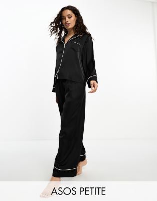 ASOS DESIGN Petite satin long sleeve shirt & trouser pyjama set in black