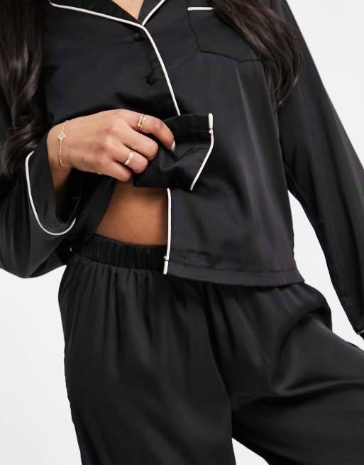 ASOS DESIGN satin long sleeve shirt & pants pajama set in black