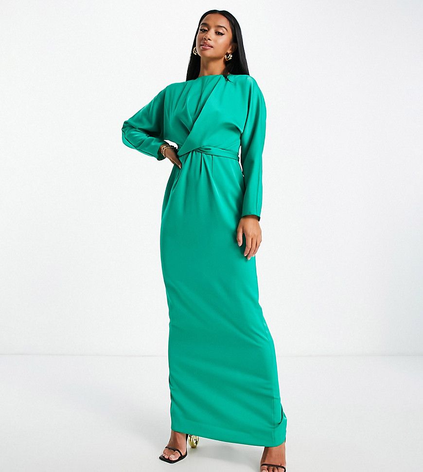 ASOS DESIGN Petite satin maxi dress with batwing sleeve and wrap waist in emerald-Green